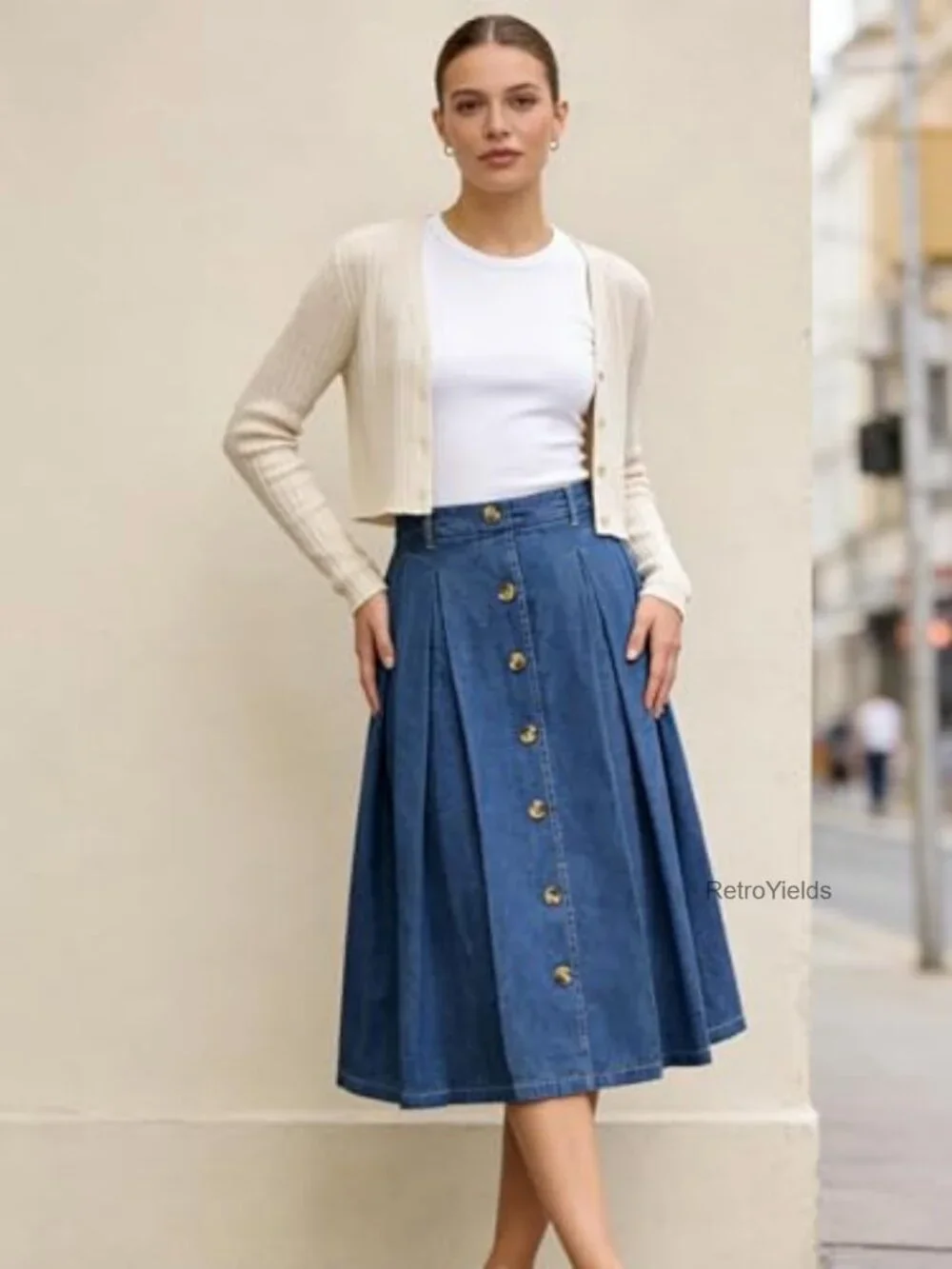 Pleated A-line Midi Skirt with Pockets Elastic Waist Button Front Flared - Picture 4 of 7